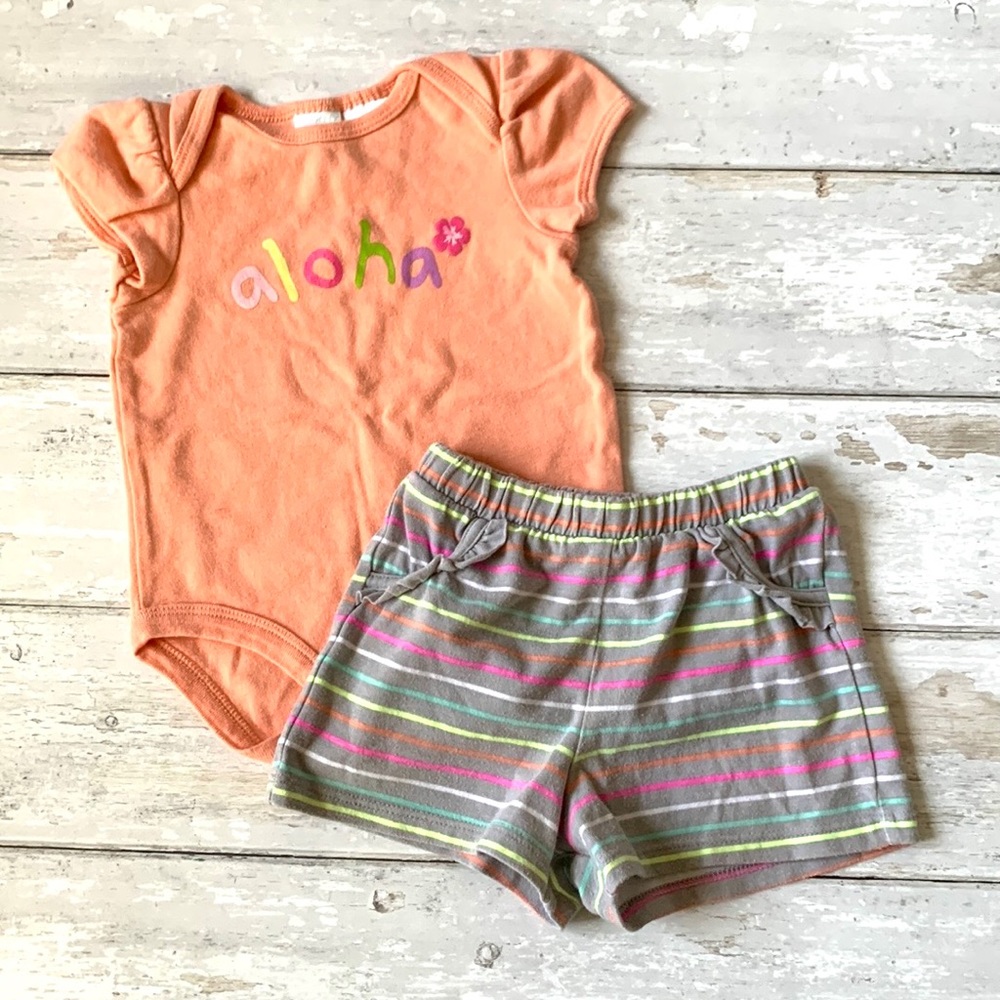 Baby Girl 6m Hawaii Outfit Onesie Shorts Orange Aloha Bodysuit Striped Set